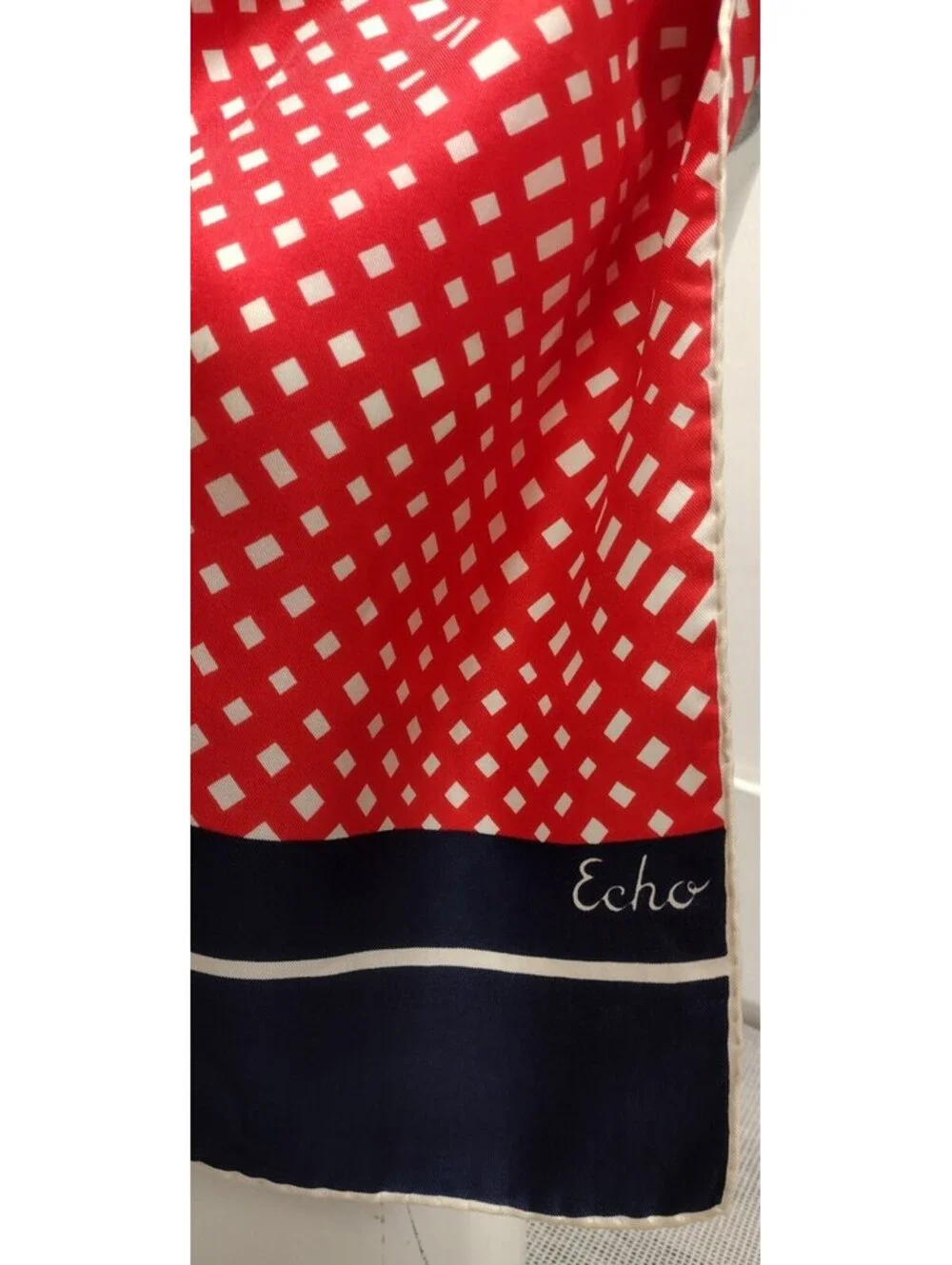 Vinage 1960s White DOTS Echo All Silk Scarf Red Orange White & Blue Polka Dots